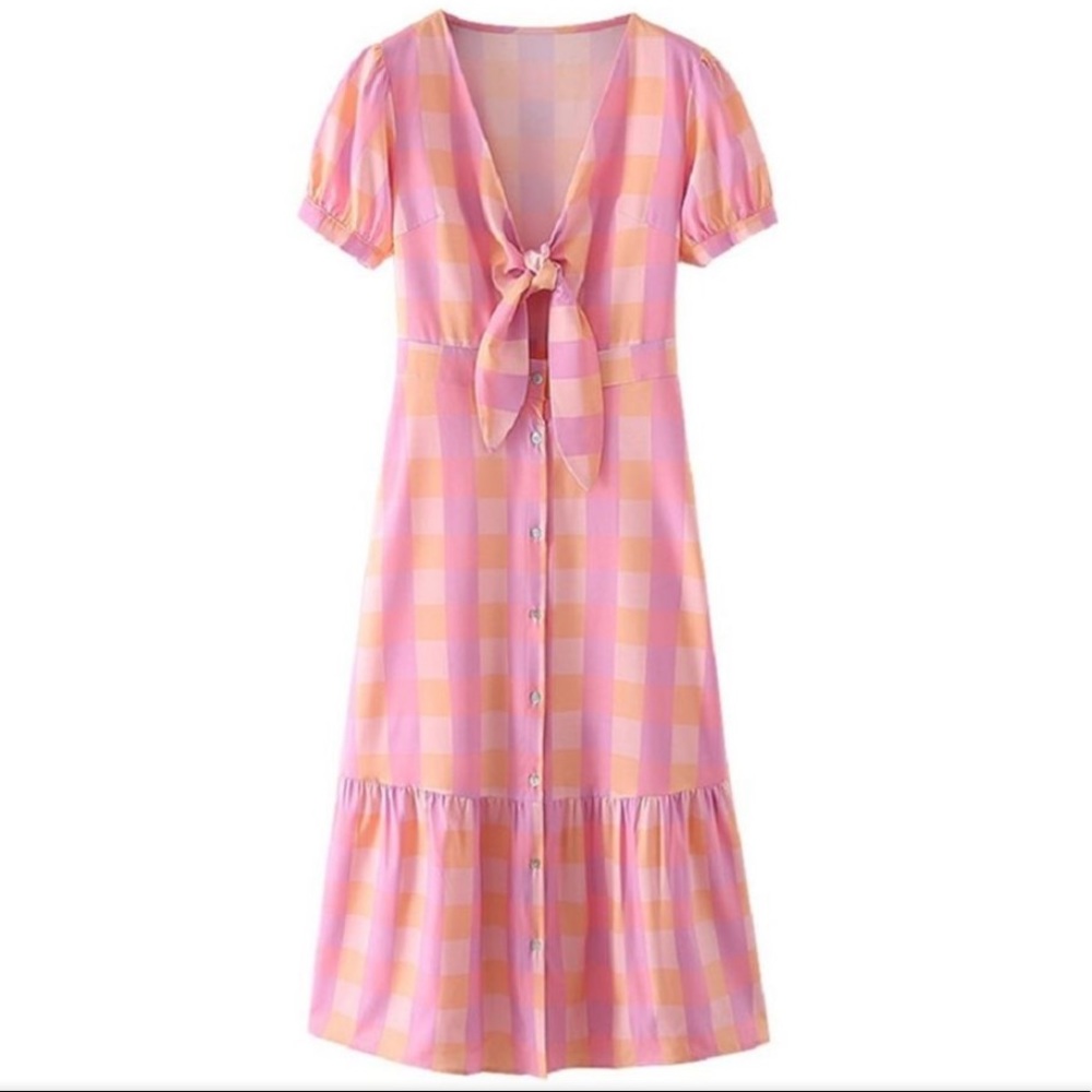 Sunday Up Plaid Button Up Tie Front Dress